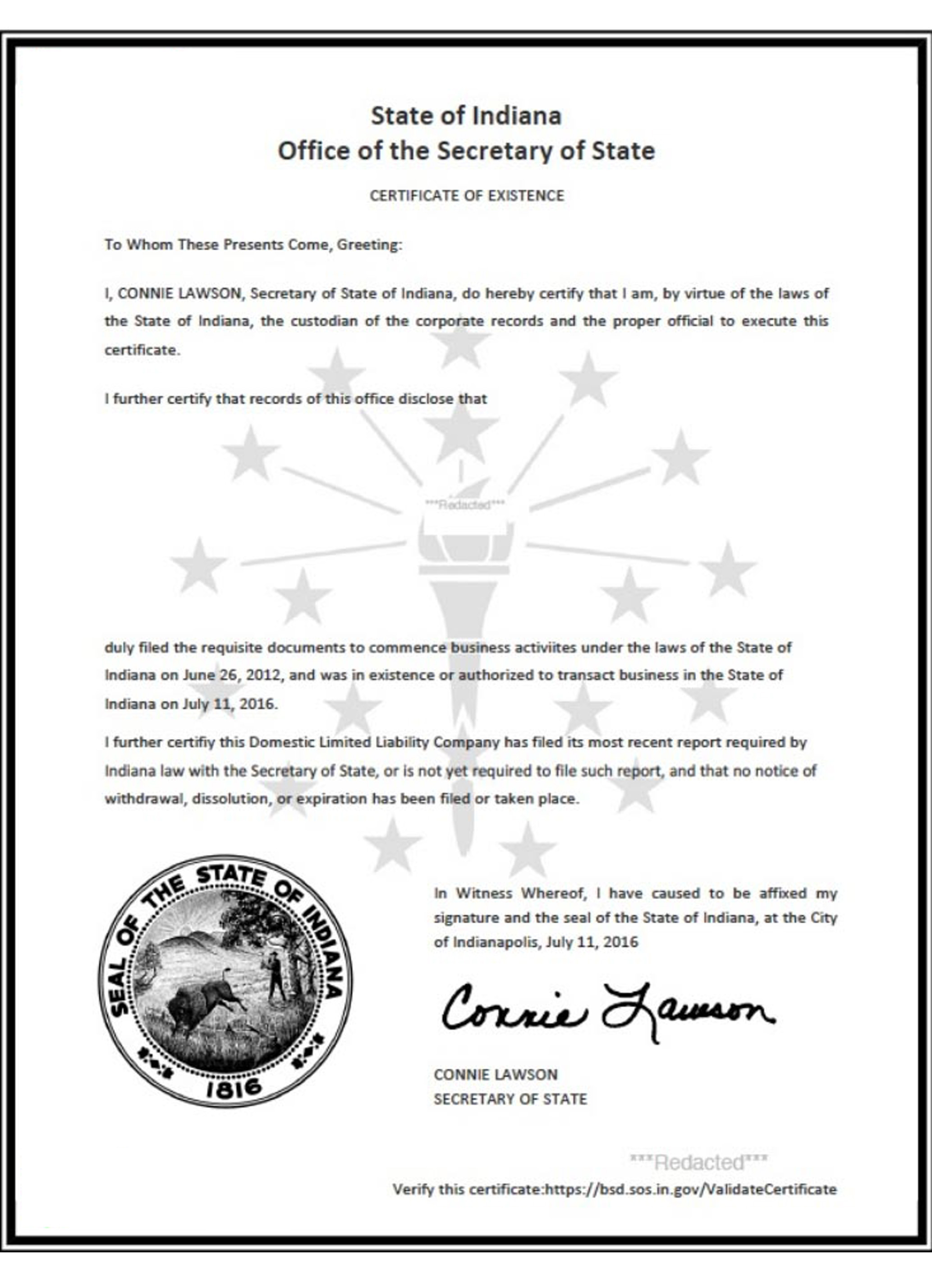 USA Indiana certificate of good standing